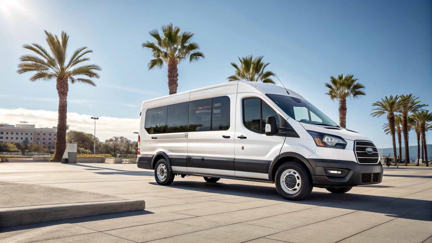 White Ford Transit passenger van parked in a sunny San Diego location near the coast