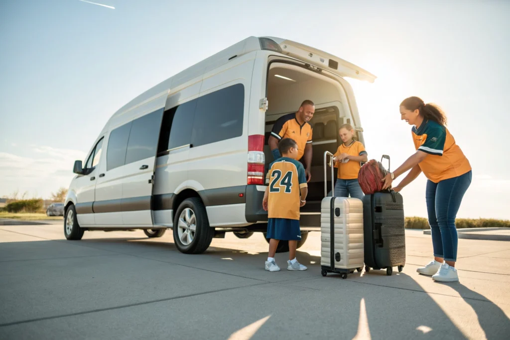 Group of happy travelers loading luggage into a large passenger van
