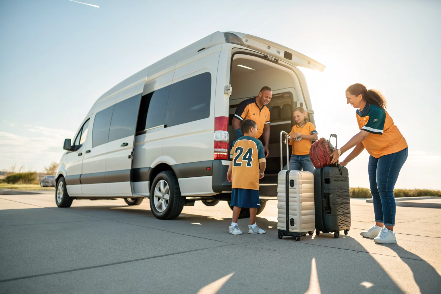 Group of happy travelers loading luggage into a large passenger van