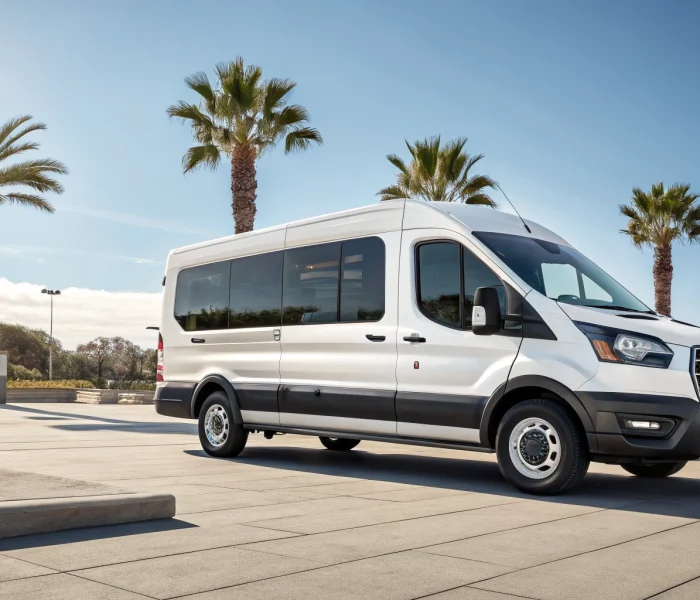 White Ford Transit passenger van parked in a sunny San Diego location near the coast