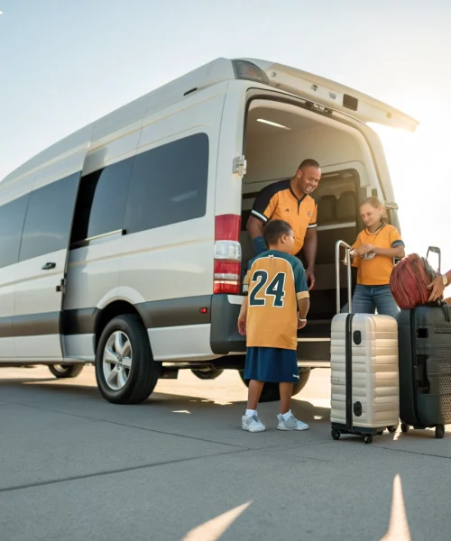 Group of happy travelers loading luggage into a large passenger van